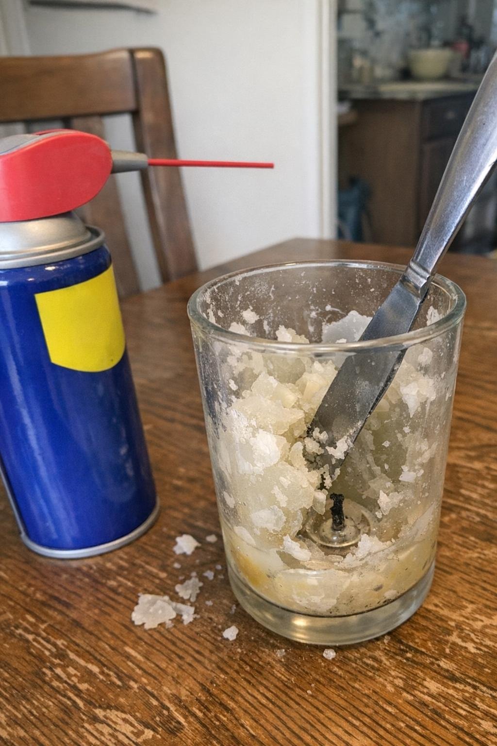 WD-40 loosening old candle wax from a glass holder