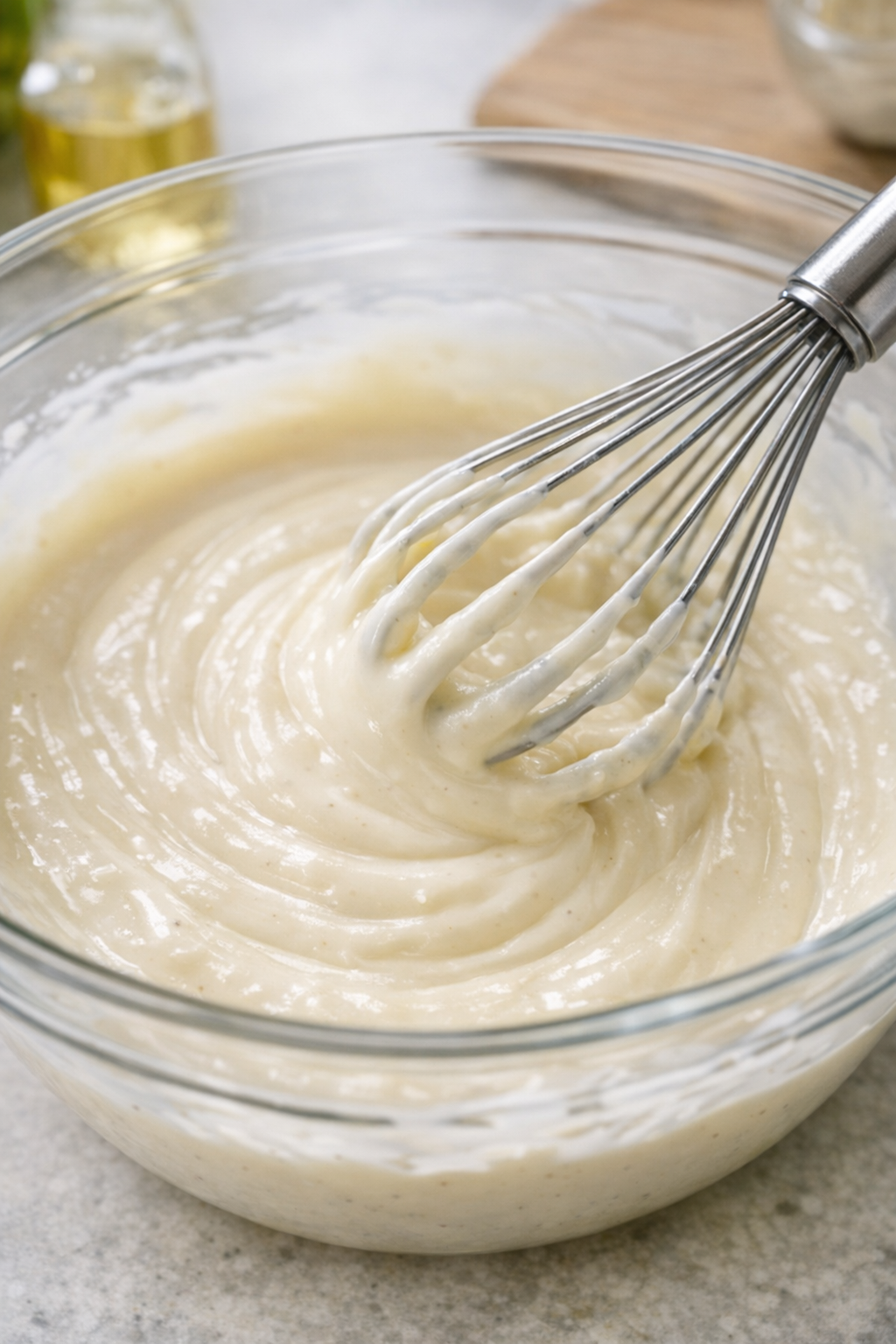 Creamy coleslaw dressing being whisked in a bowl