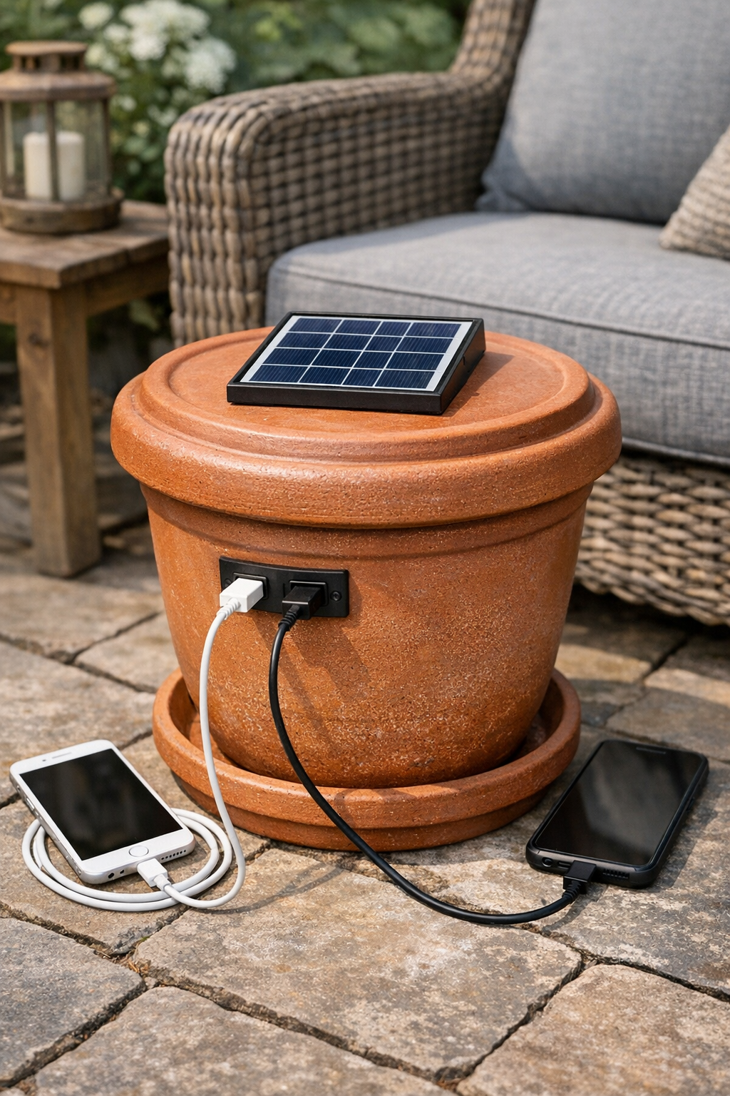 Finished terracotta outdoor phone charging station with solar panel lid and USB ports