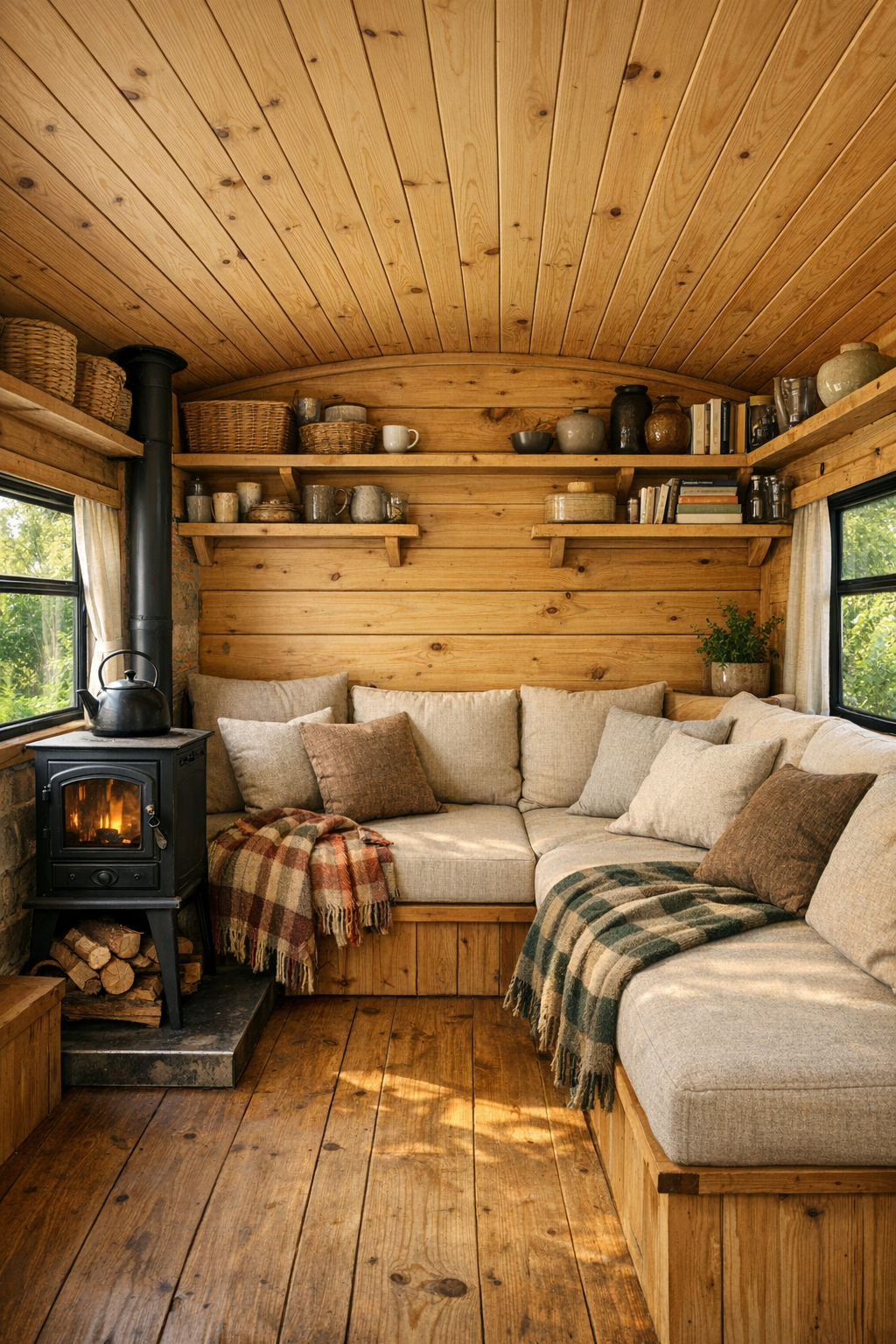 Rustic bus living room with built-in bench seating and wood interior