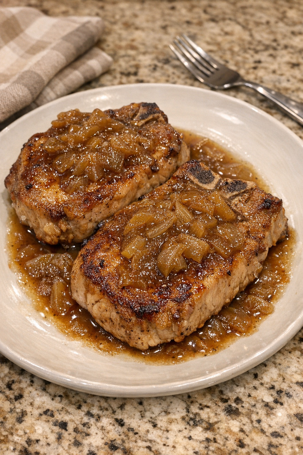 Finished caramelized onion pork chops plated with sauce