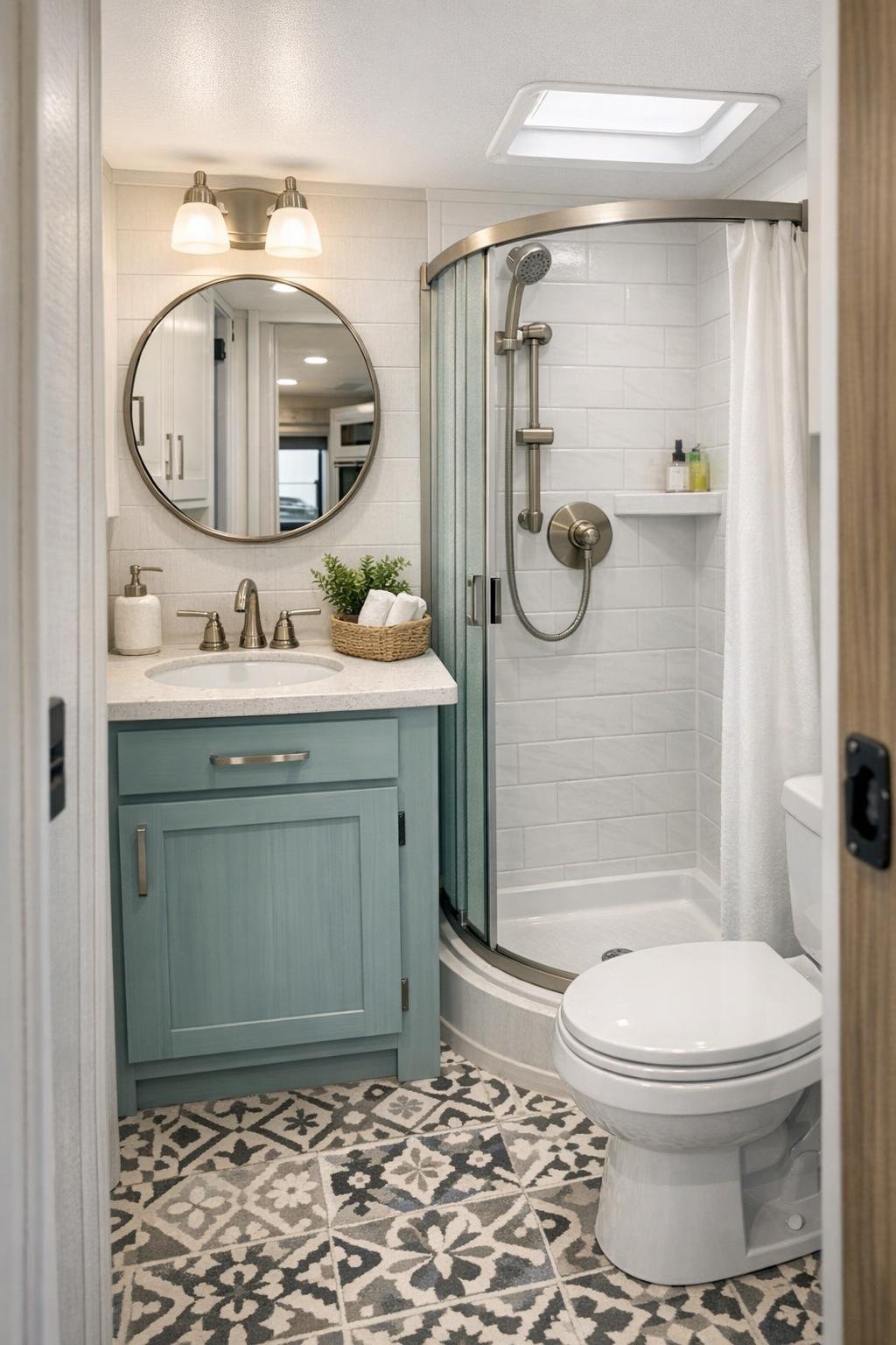 Bright compact camper bathroom with small vanity and round mirror