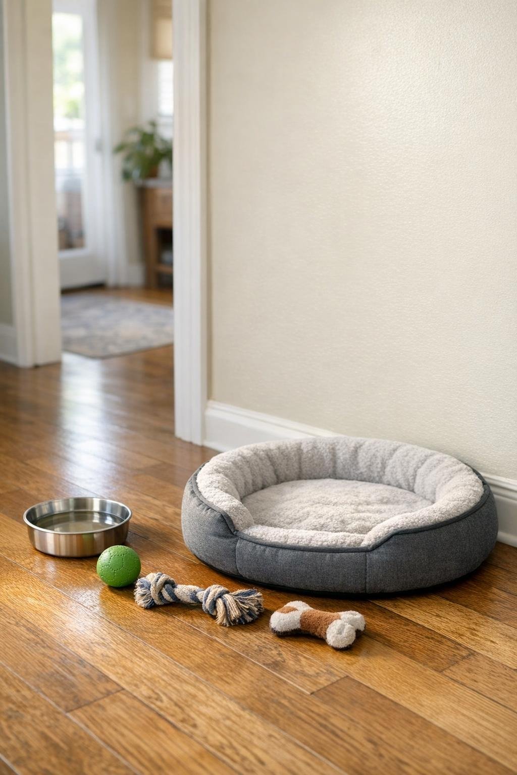 Quiet hallway with an empty dog bed