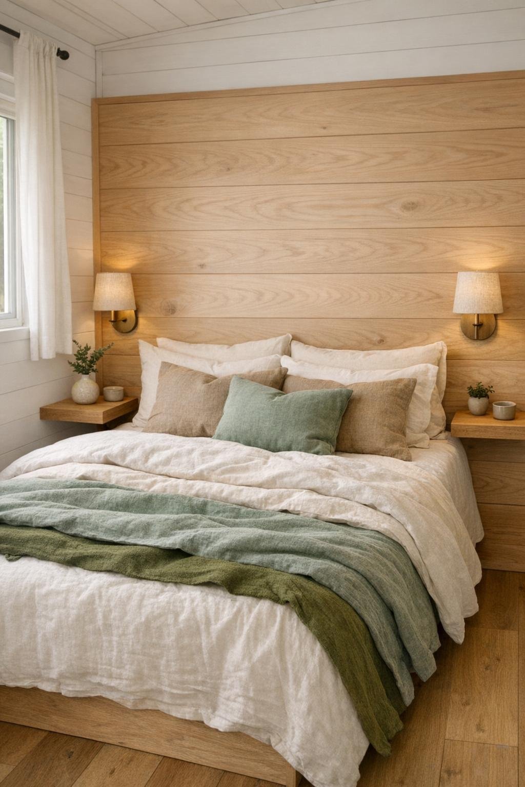 Serene tiny home bedroom with wood headboard wall, layered neutral bedding, and small wall sconces