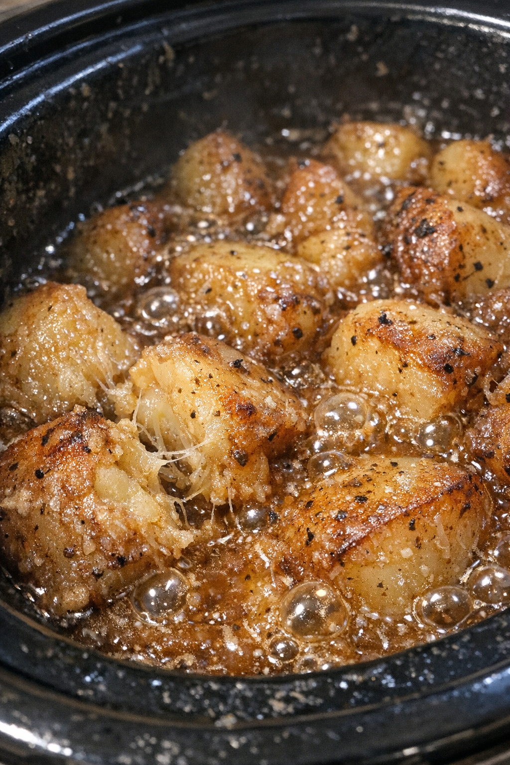 Finished slow cooker supper with tender slow-roasted starchy lumps