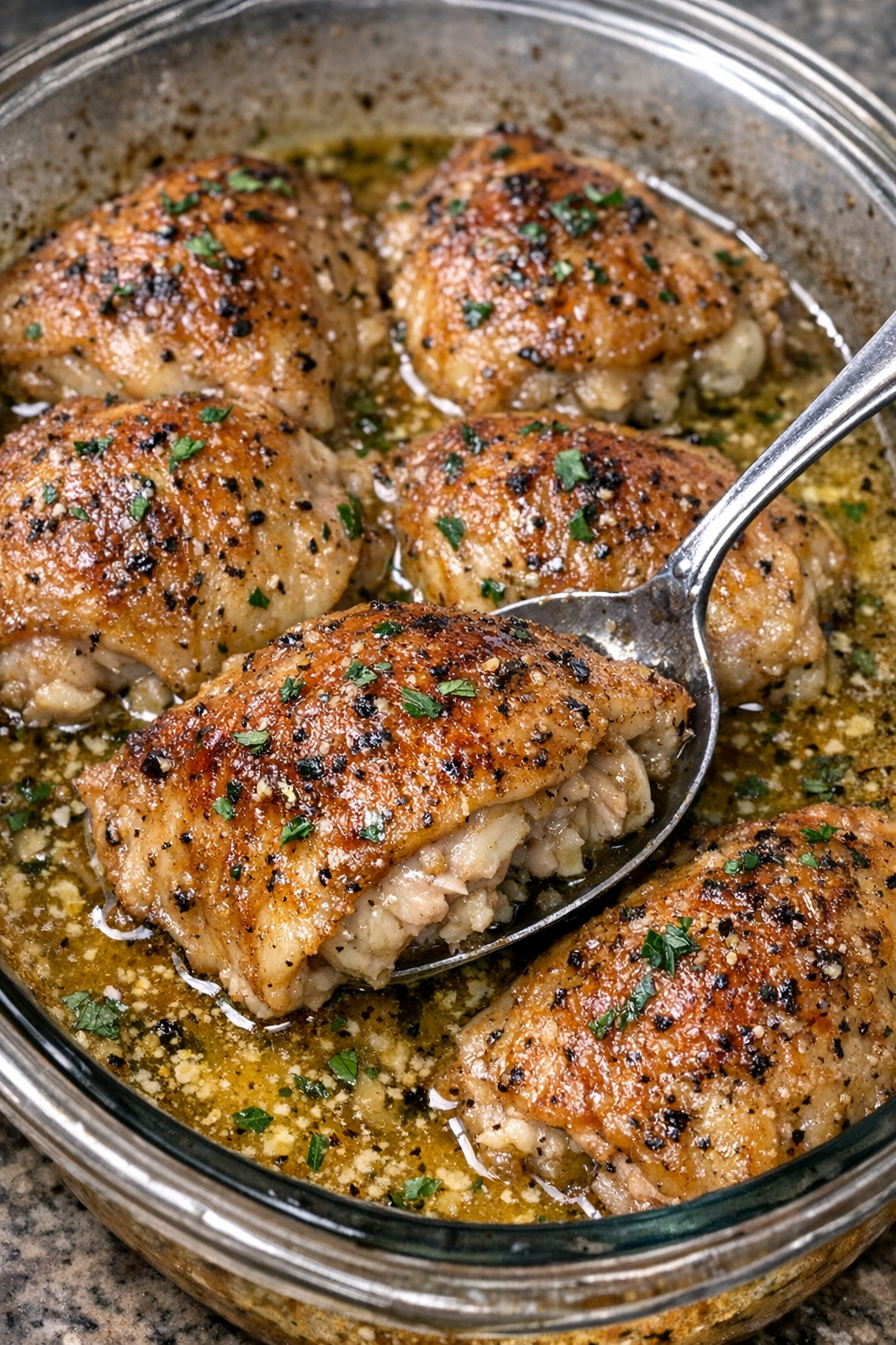 Bronzed chicken thighs in buttery herb sauce in a glass baking dish