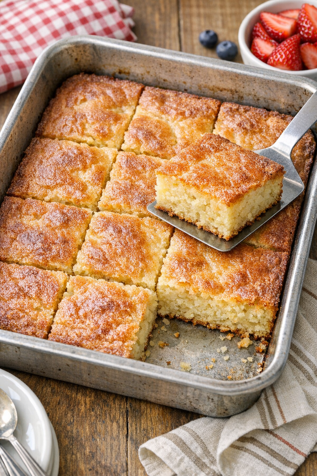 Golden baked pancake mix dessert in roasting pan