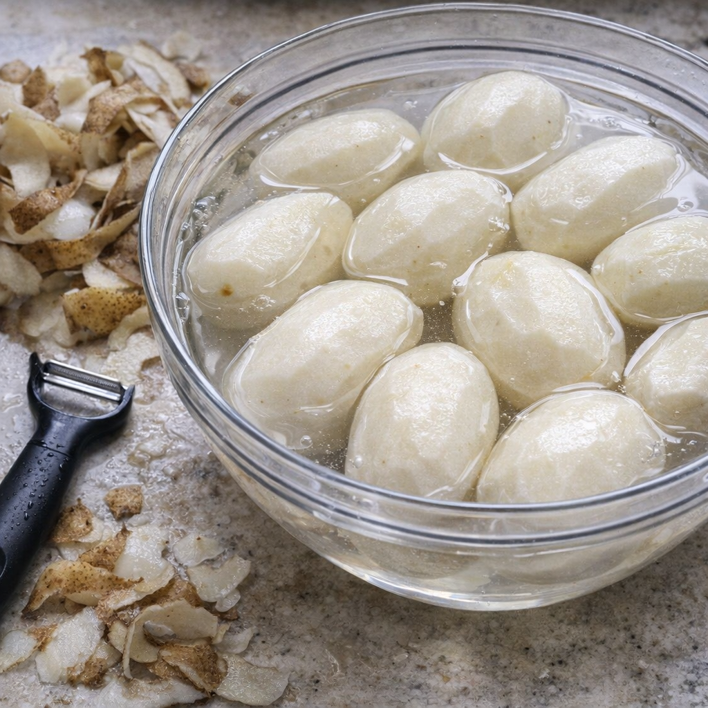 Peeled russet potatoes soaking in a bowl of cold water