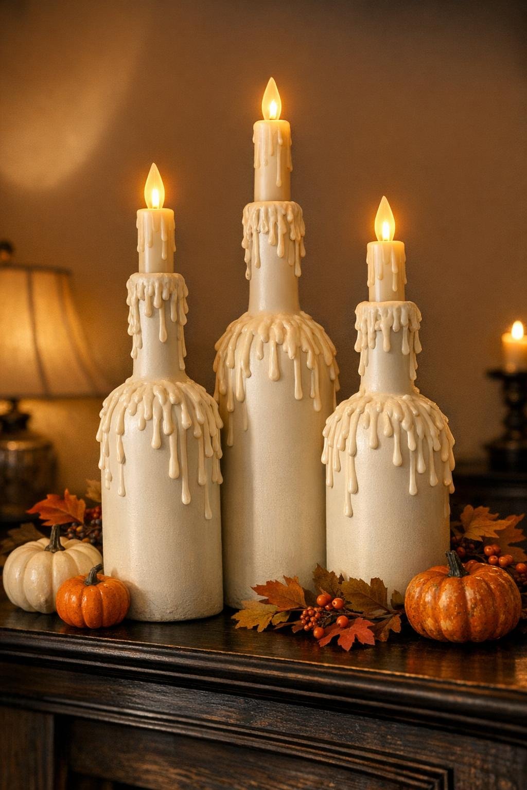 Finished haunted drip candle bottles glowing on a mantel at night