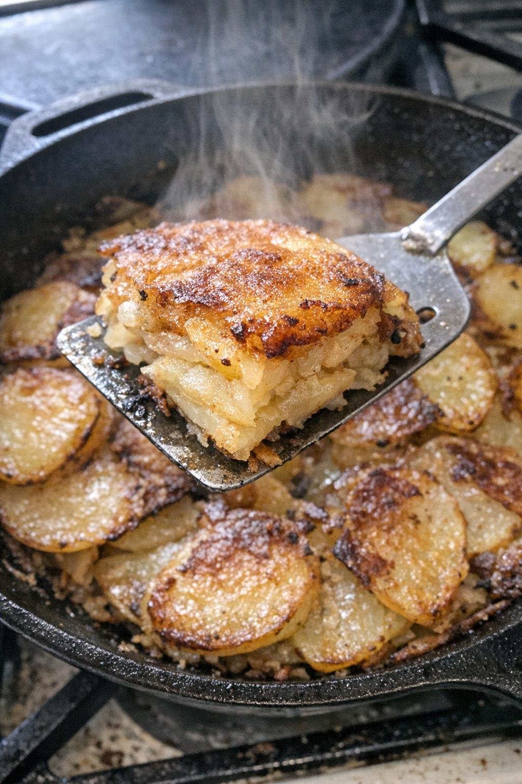 Golden pan-fried potatoes in a cast iron skillet