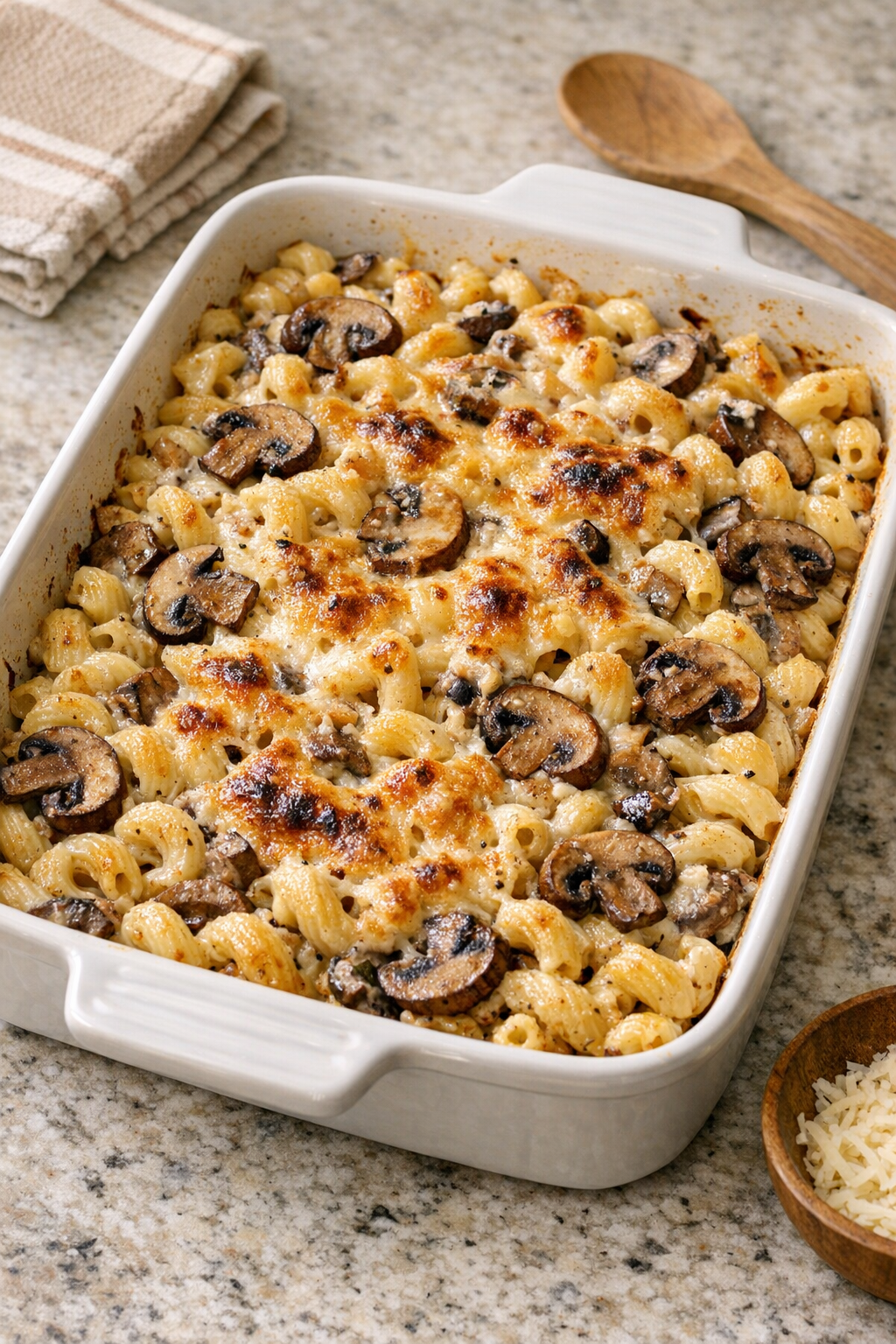 Finished baked cremini mushroom cavatappi pasta in a ceramic baking dish