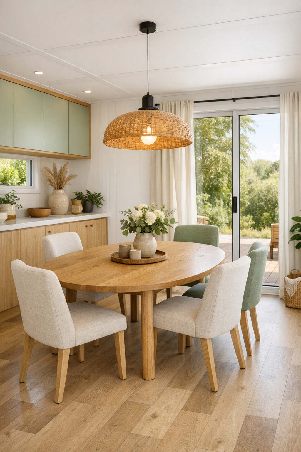 Bright dining area with an oak table, upholstered chairs, and warm minimalist lighting