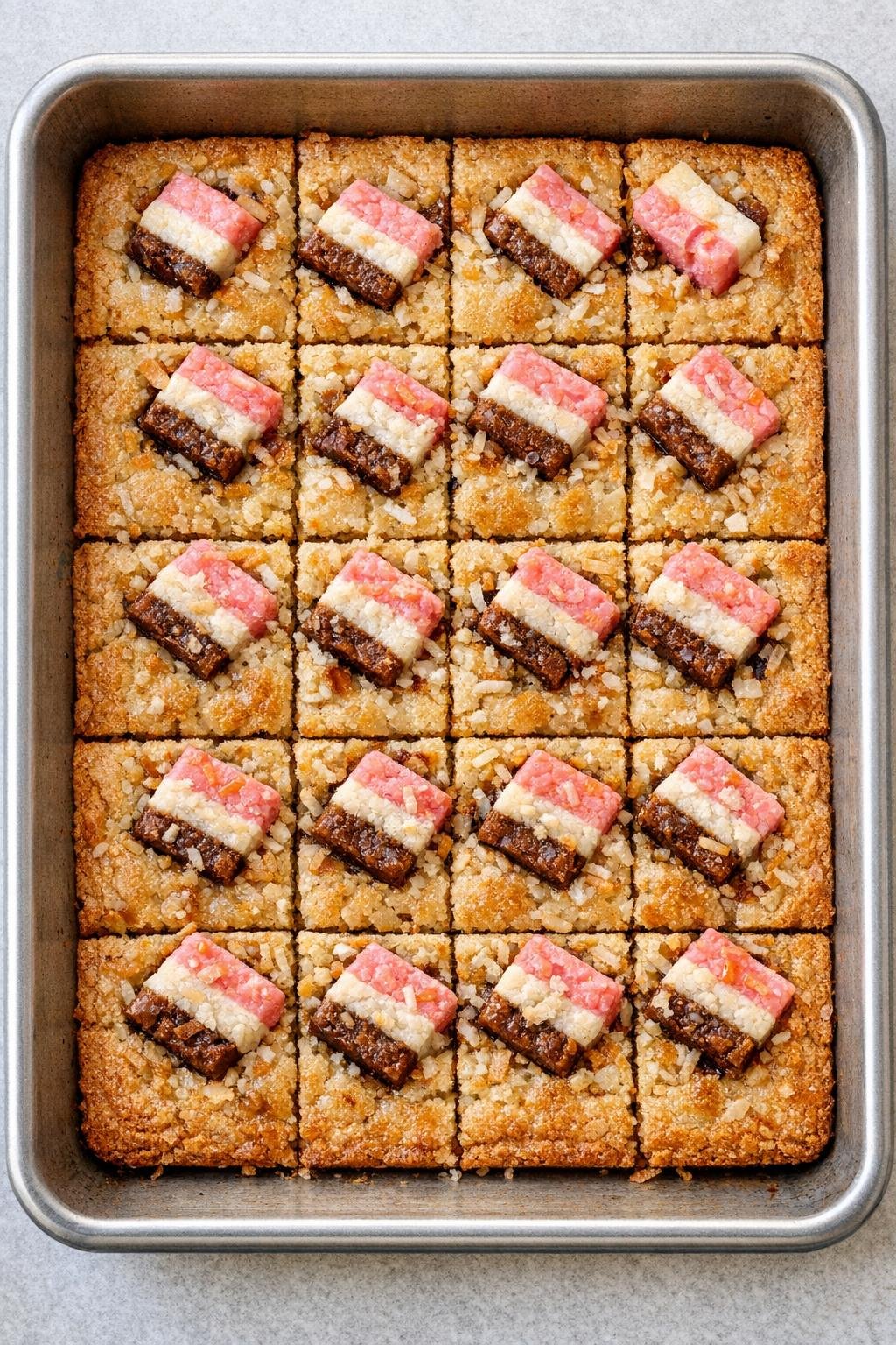 Finished coconut Neapolitan blondie bars on a sheet pan