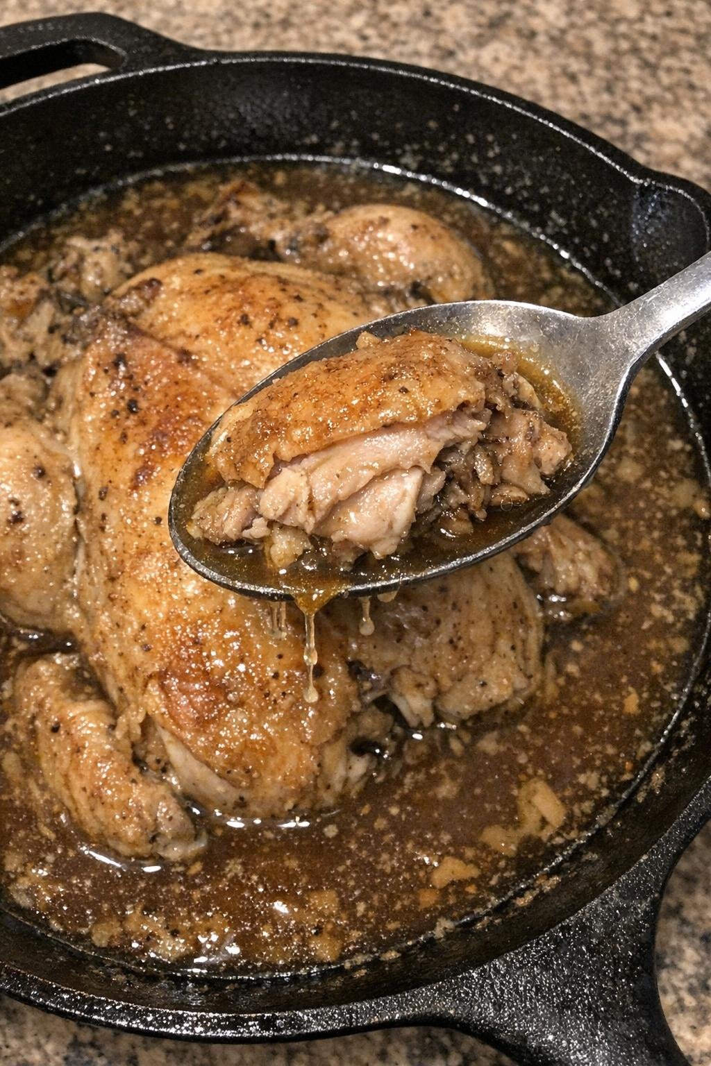 Whole chicken simmering in brown broth in a cast iron skillet
