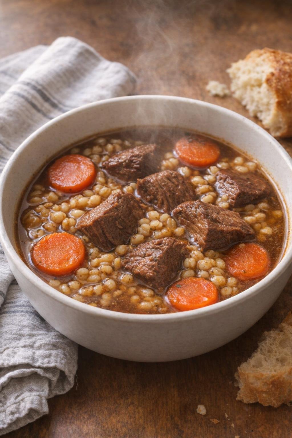 Homestyle beef and barley stew served in a ceramic bowl