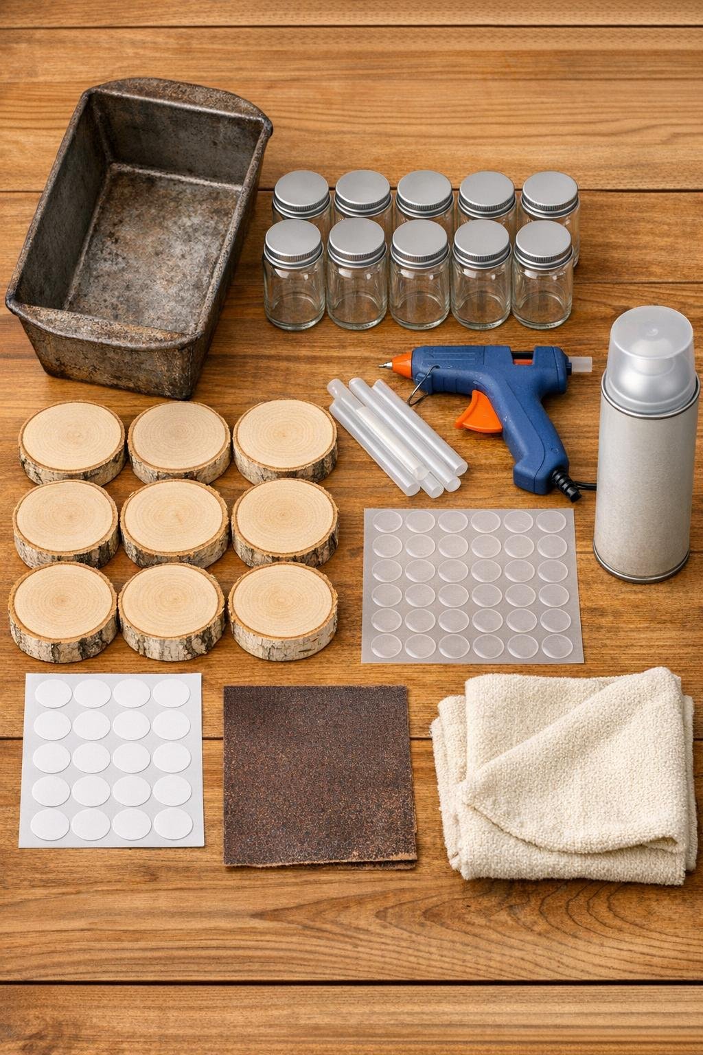 Materials for a spice jar riser laid out on a kitchen table