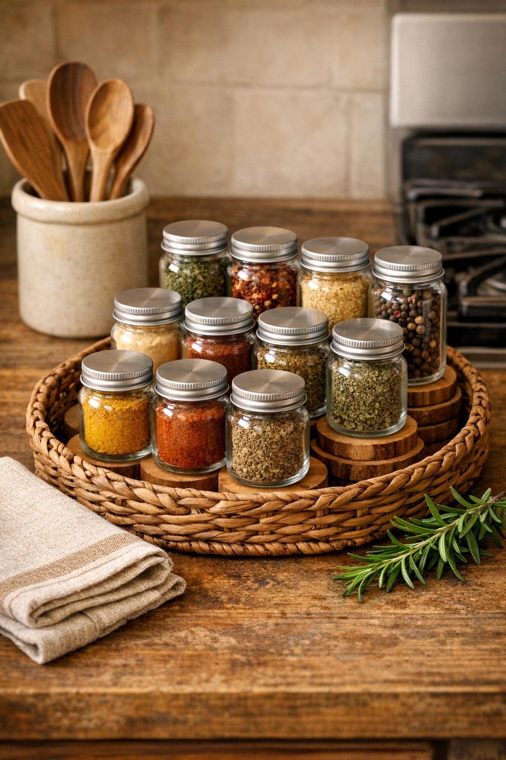 Finished DIY kitchen spice riser displayed on a kitchen counter