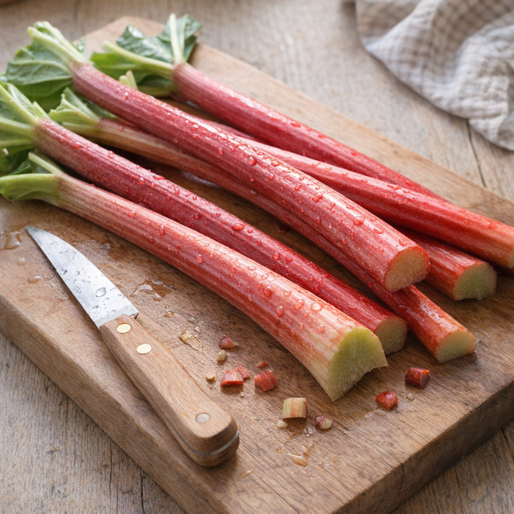 Washed rhubarb stalks trimmed on a wooden board
