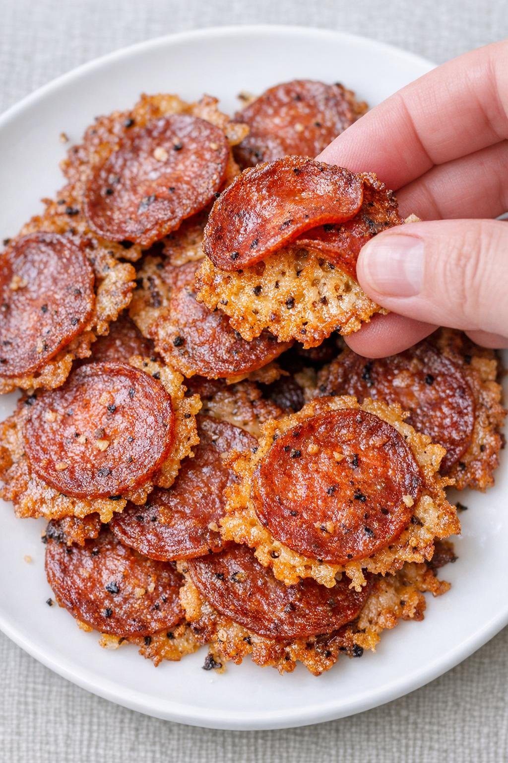 Pepperoni langley crisps on a white plate