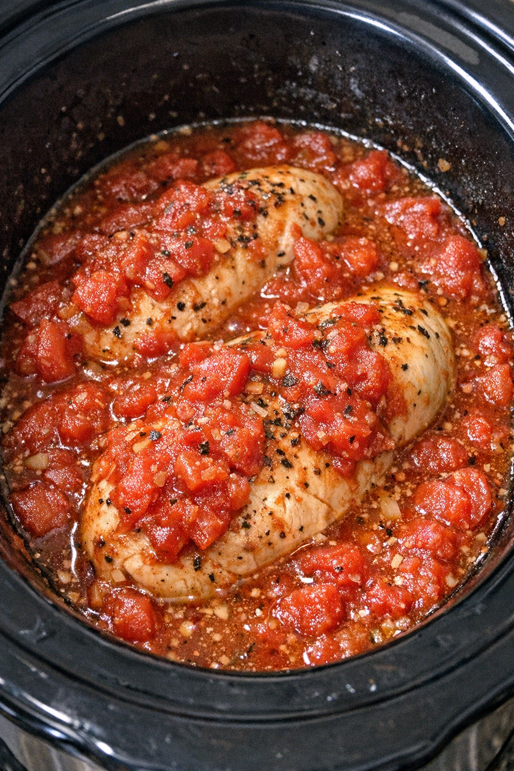 Slow cooker Amish tomato chicken in a black slow cooker