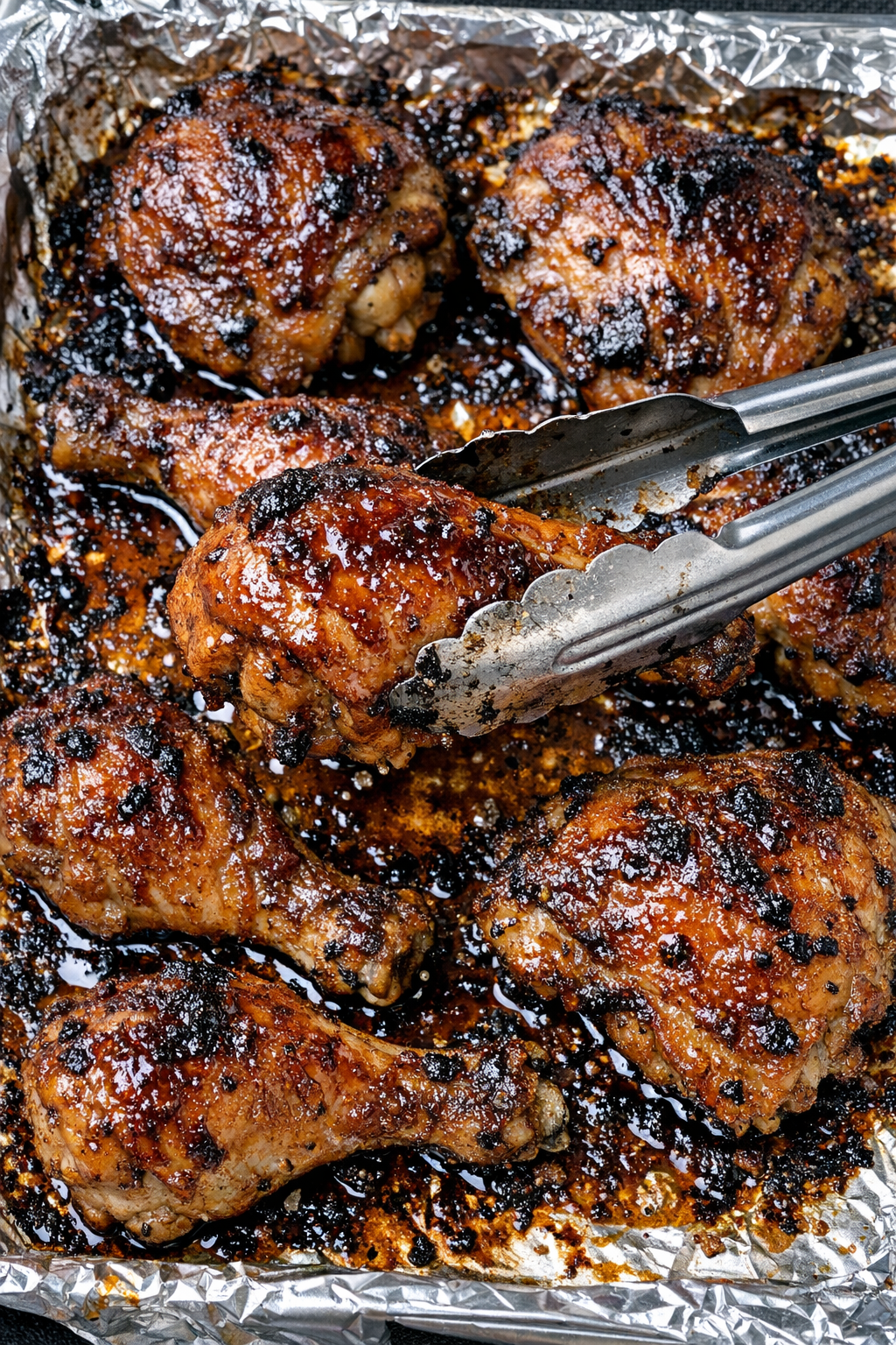 Caramelized glazed chicken on a foil-lined baking sheet