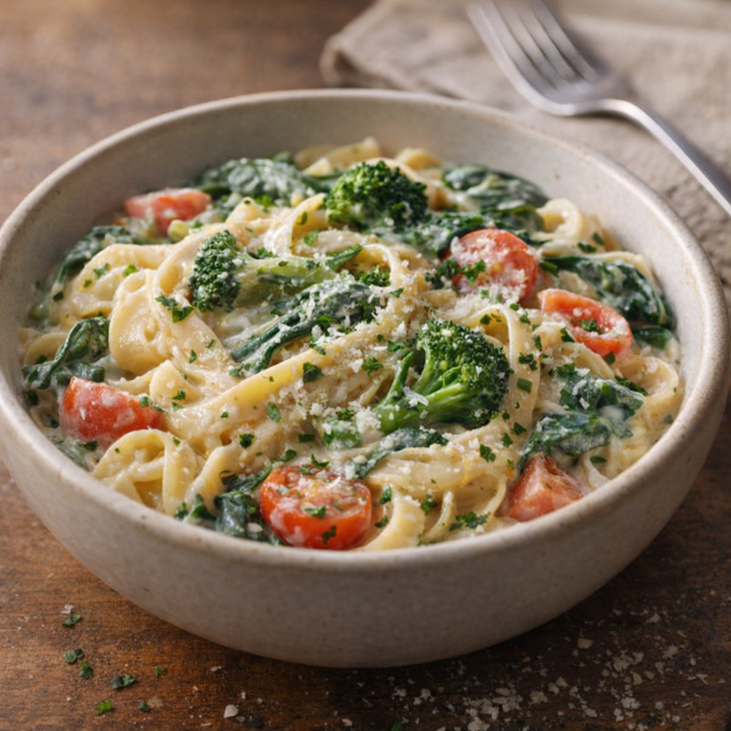 Syltetøj spinat pasta primavera klar til at tjene