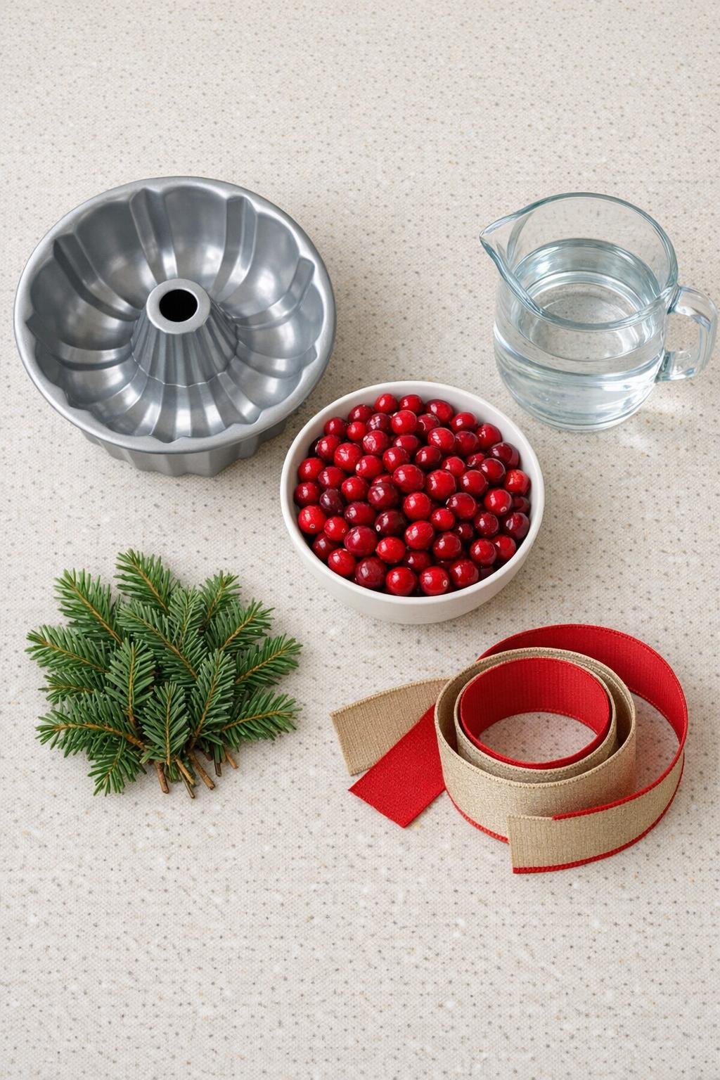 Materials laid out for making a cranberry ice wreath
