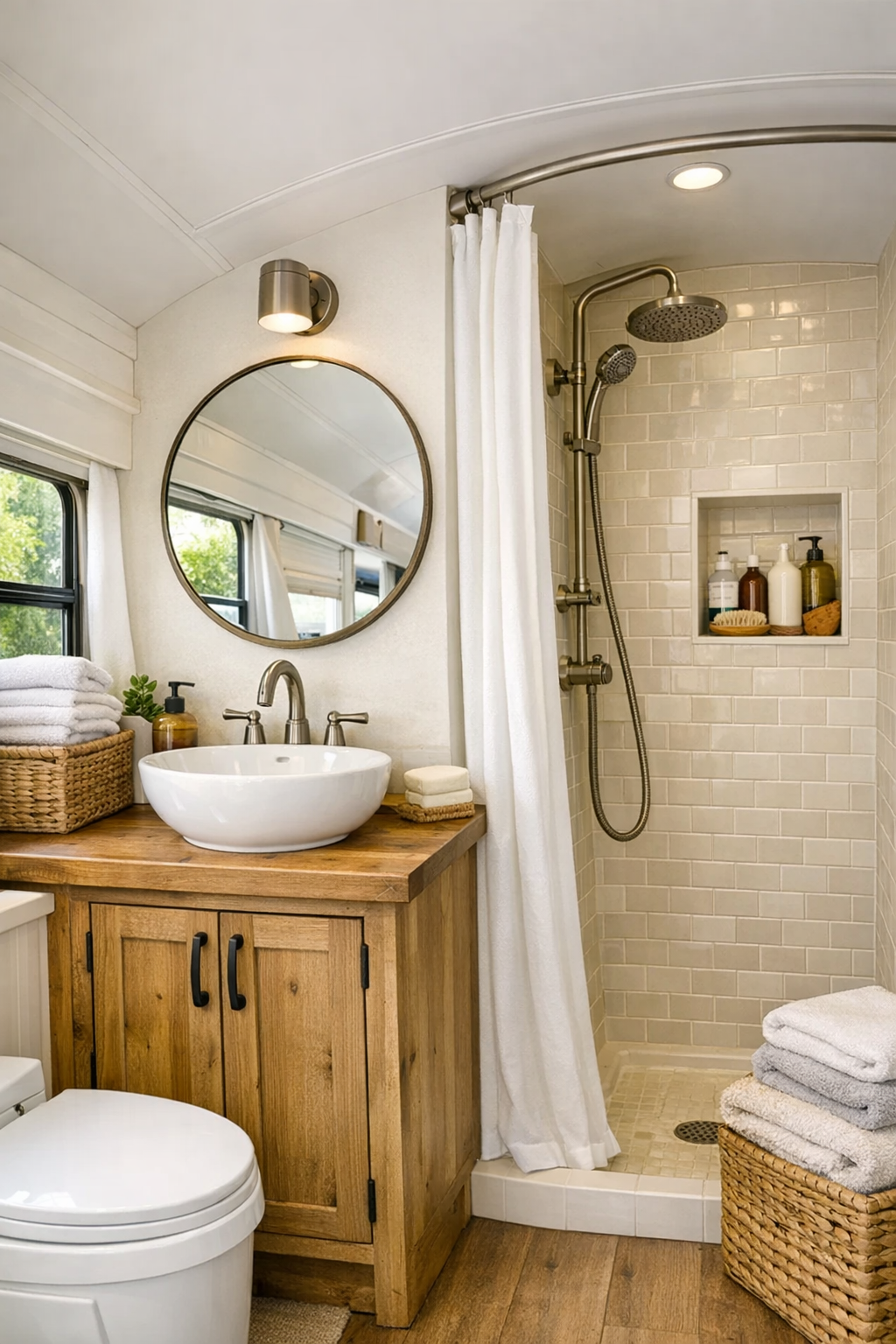 Bright compact bus bathroom with natural wood vanity and tiled shower