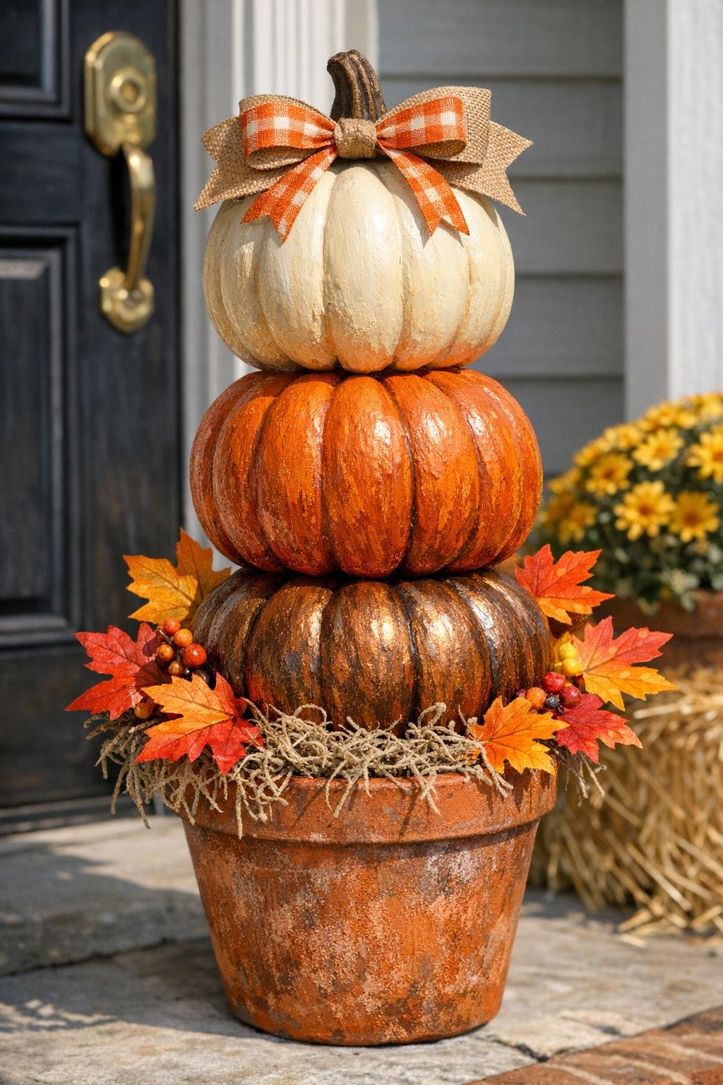 Finished stacked harvest porch topiary made from painted foam pumpkins