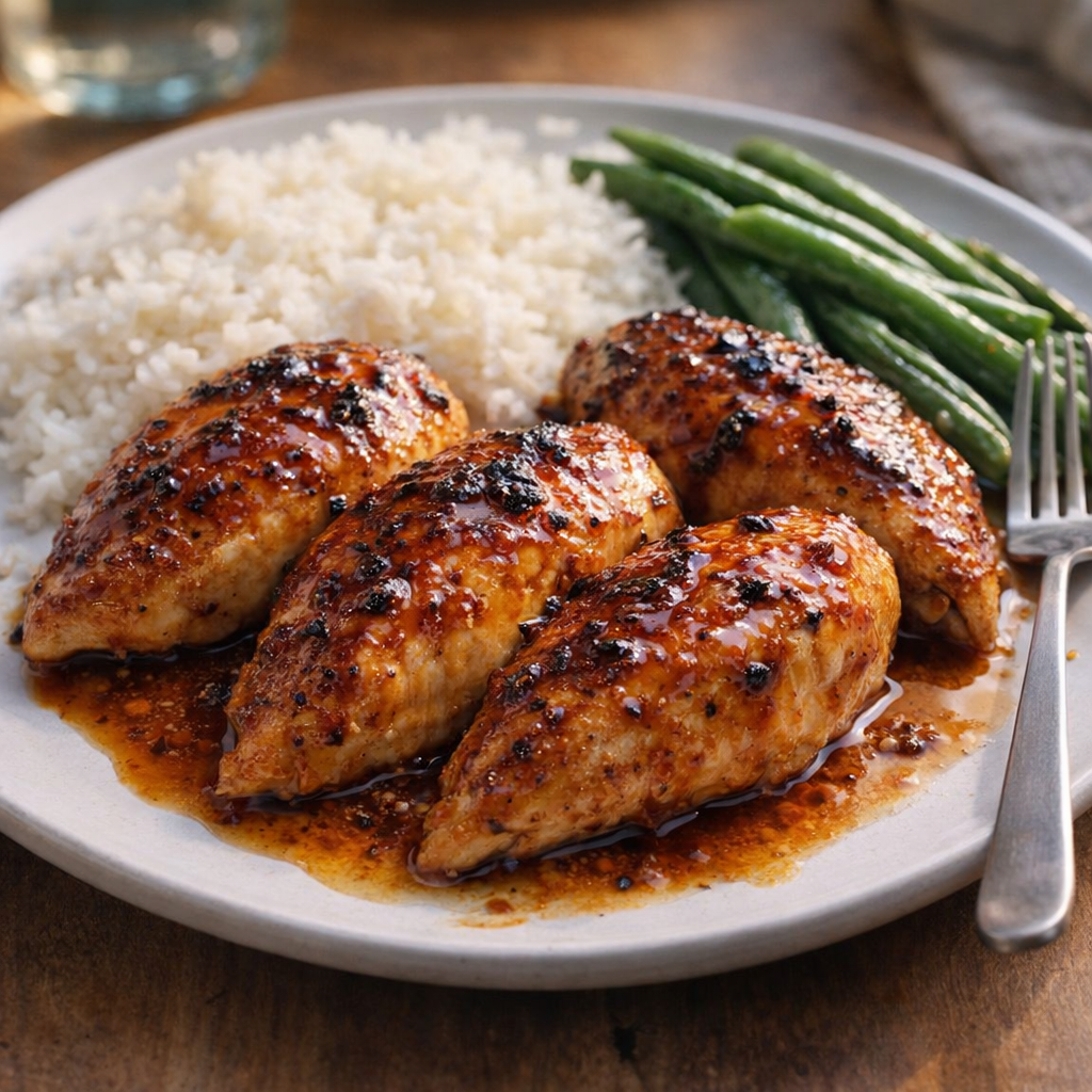 Slow cooker maple glazed chicken served with rice