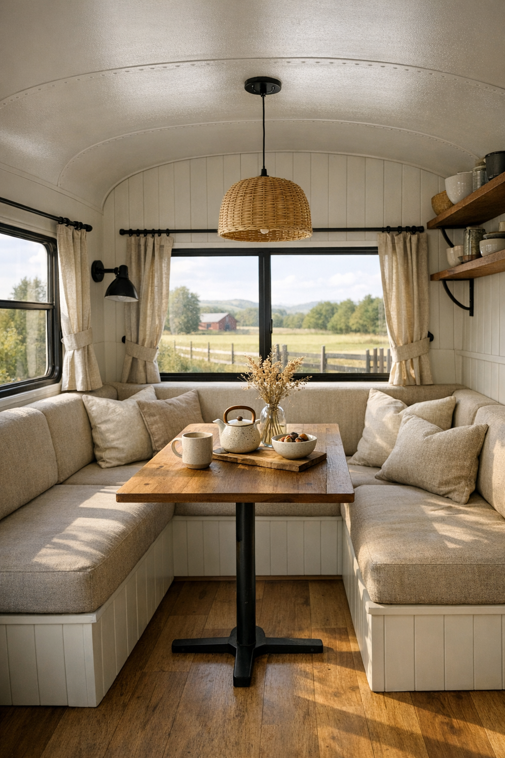 Intimate bus dining nook with built-in banquette, wood table, and countryside views