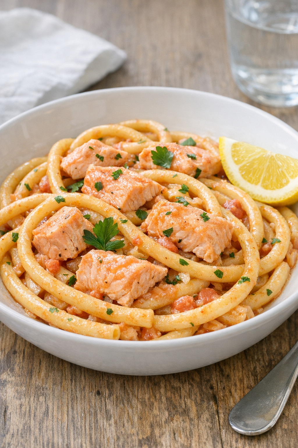 Baked salmon and bucatini plated in a shallow bowl