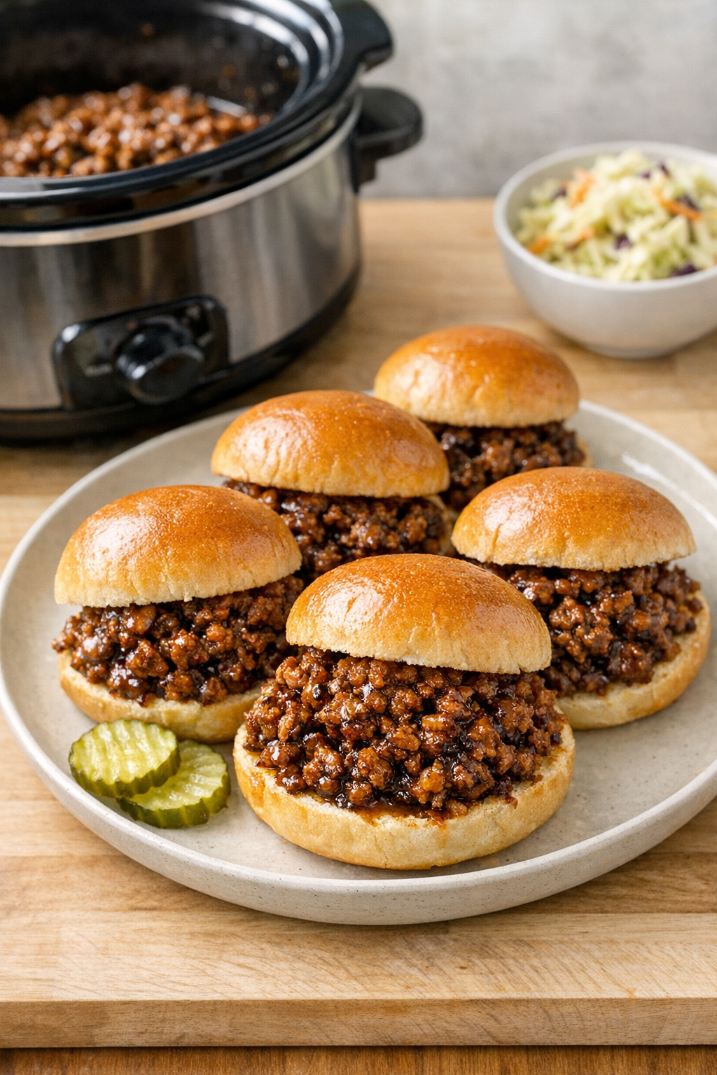 Finished slow cooker pork bites plated on slider buns