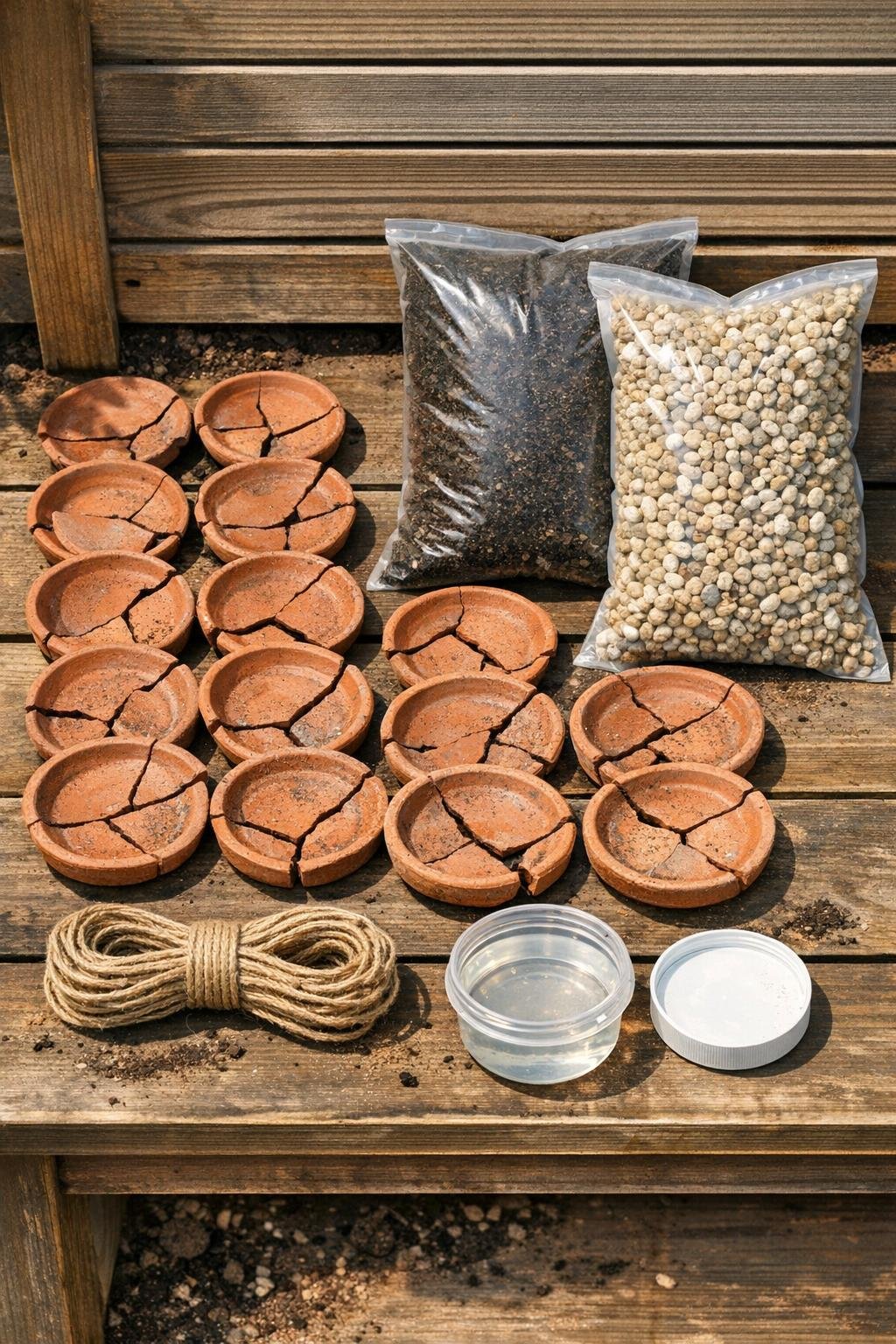 Cracked clay saucers and garden materials laid out for the project