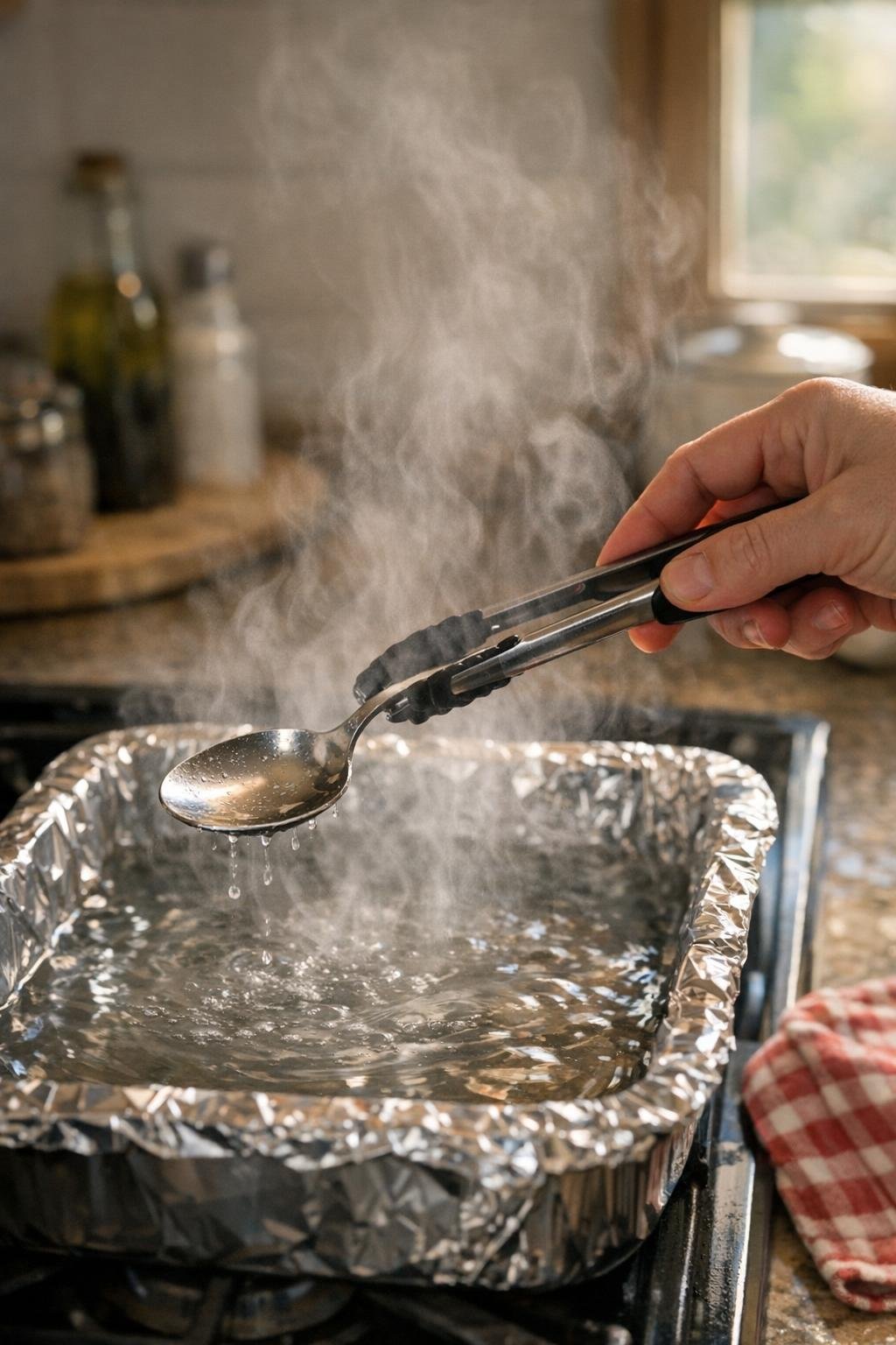 Hand lifting silverware from the soaking dish with tongs