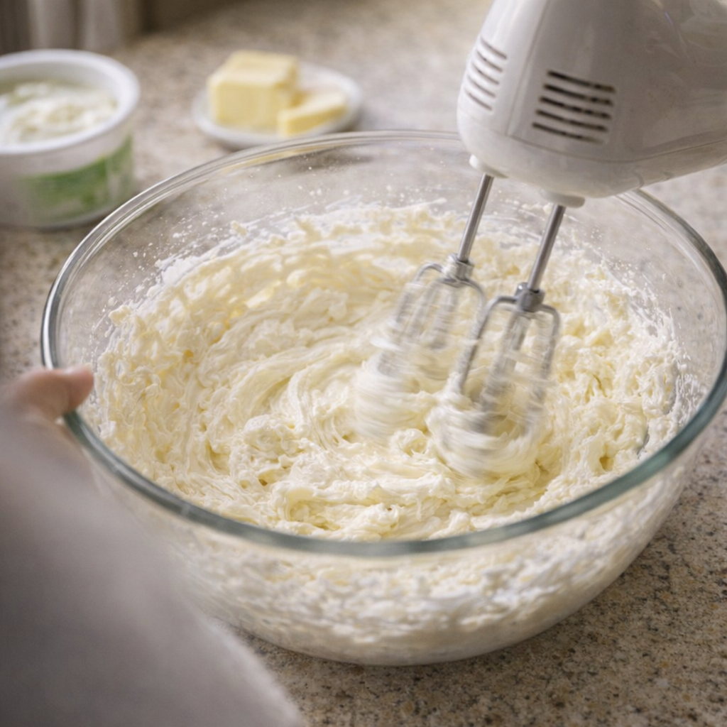 Cream cheese being mixed in a bowl with a hand mixer