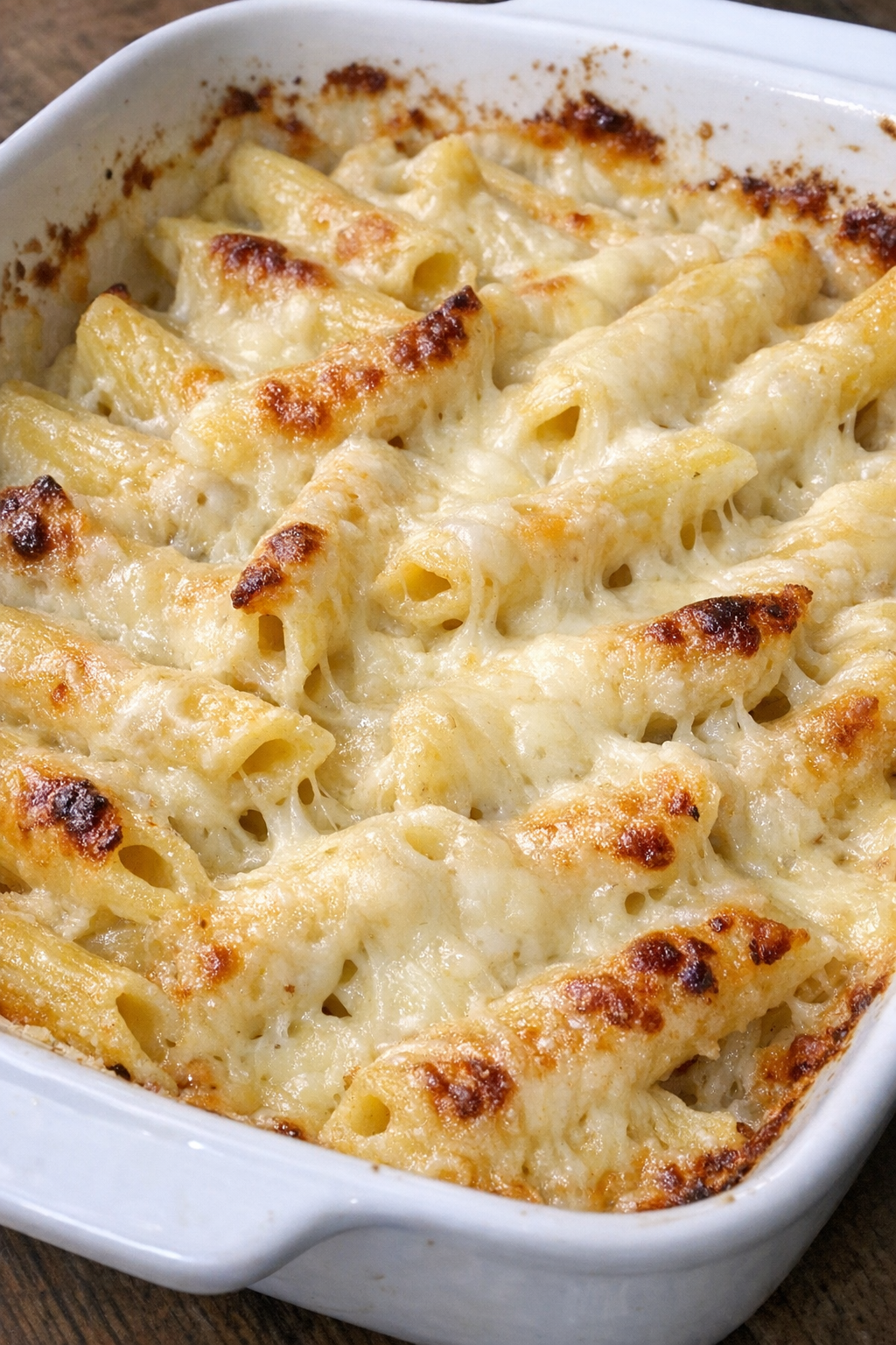 Creamy baked Oaxaca cheese penne in a white casserole dish