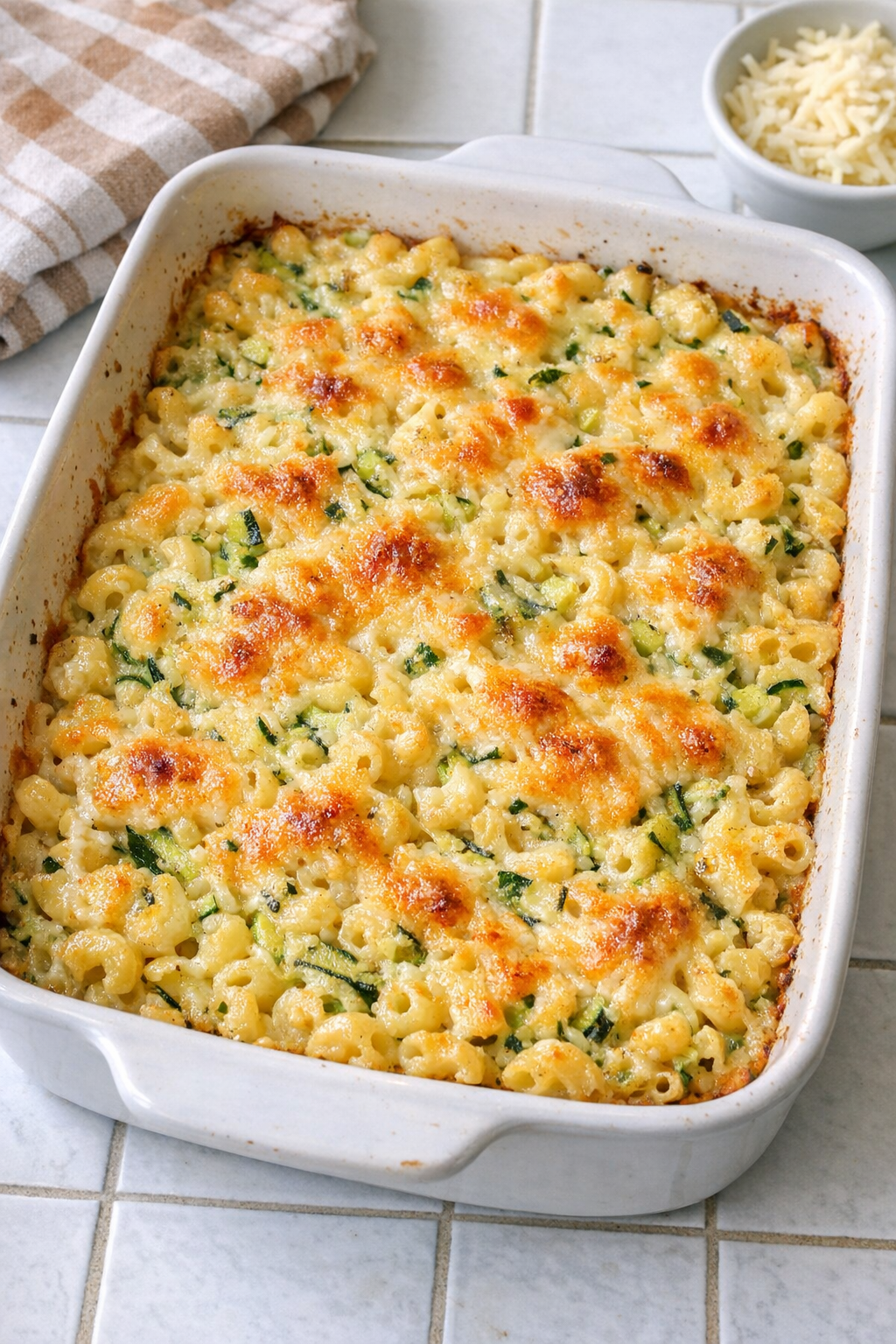 Finished baked zucchini macaroni in a ceramic baking dish