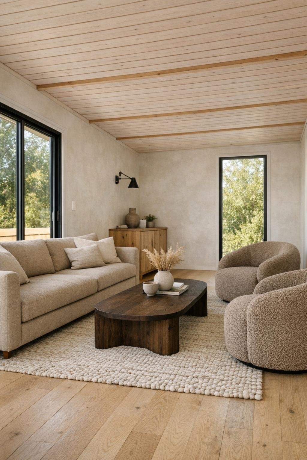 Warm modern living room with oak floors, flax sofa, and soft natural light