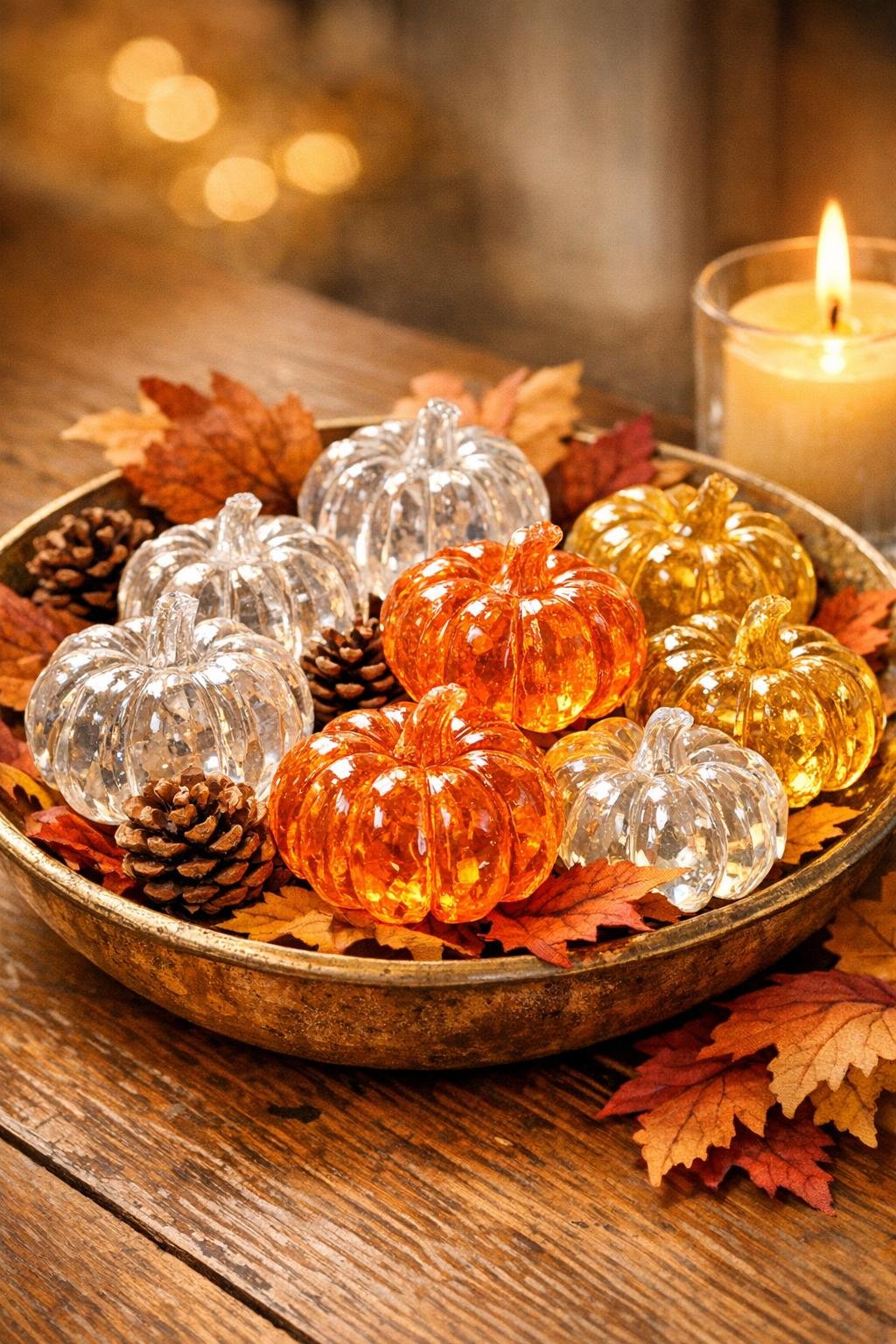 Finished faux crystal pumpkin gems styled in a fall centerpiece