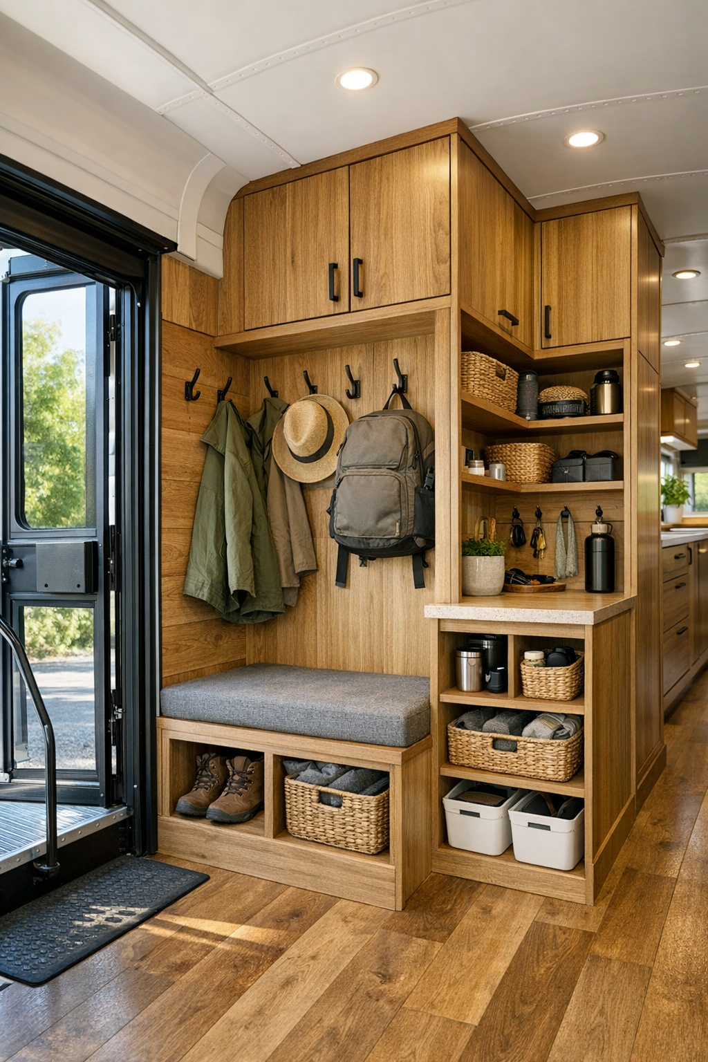 Thoughtful utility and entry area in a converted bus with built-in storage and hooks