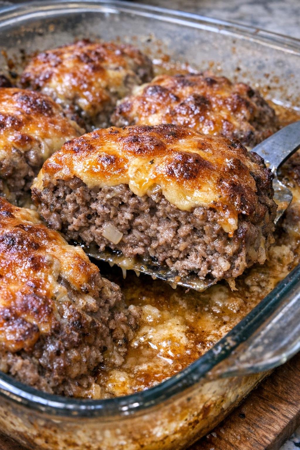 Ground beef patties with bubbling cheese crust in a glass baking dish
