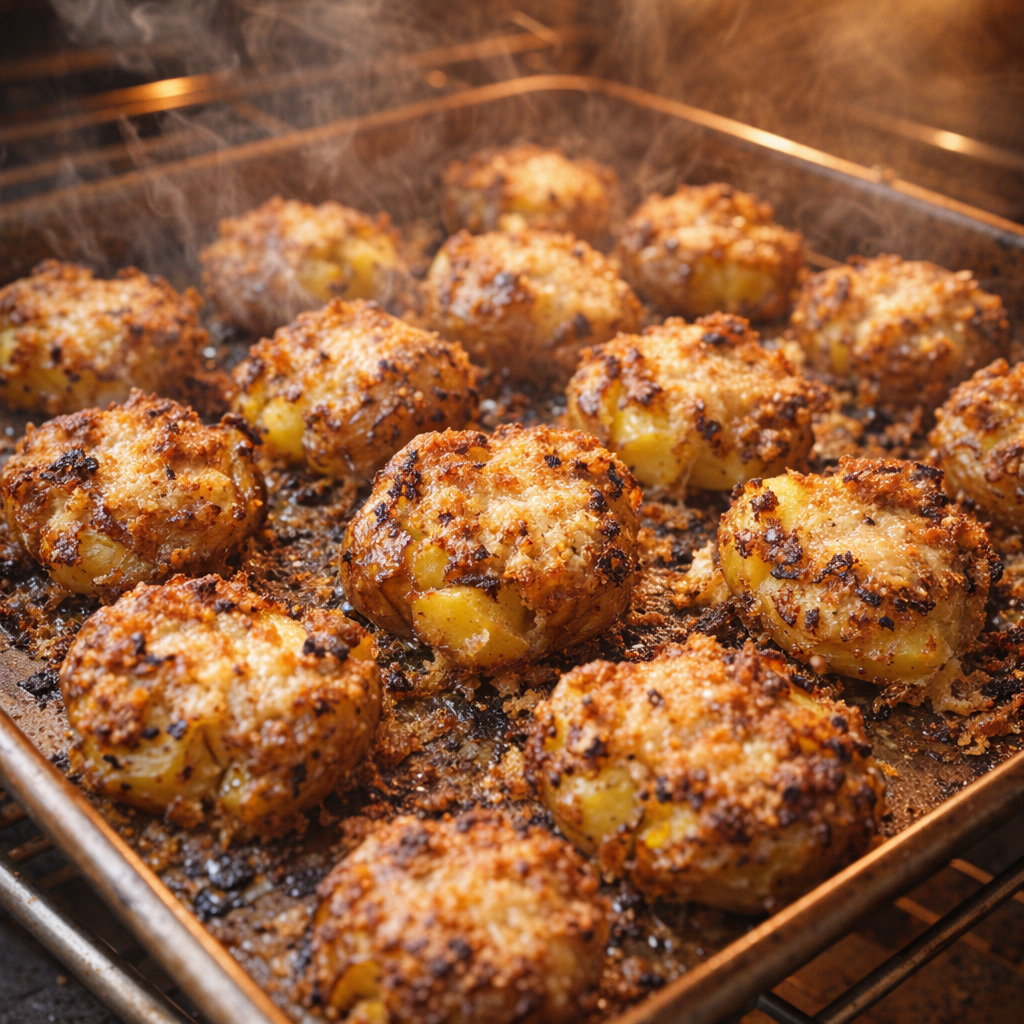 Freshly baked smashed potatoes with crisp cheesy edges