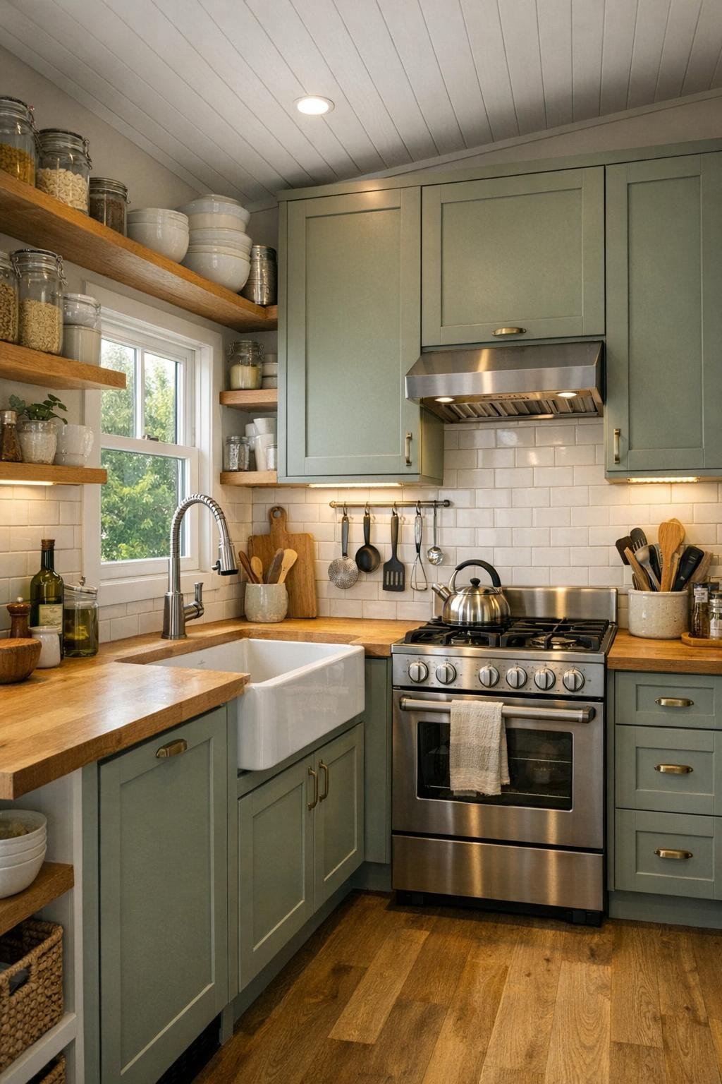 Well-planned tiny home kitchen with shaker cabinets, generous counters, and bright task lighting