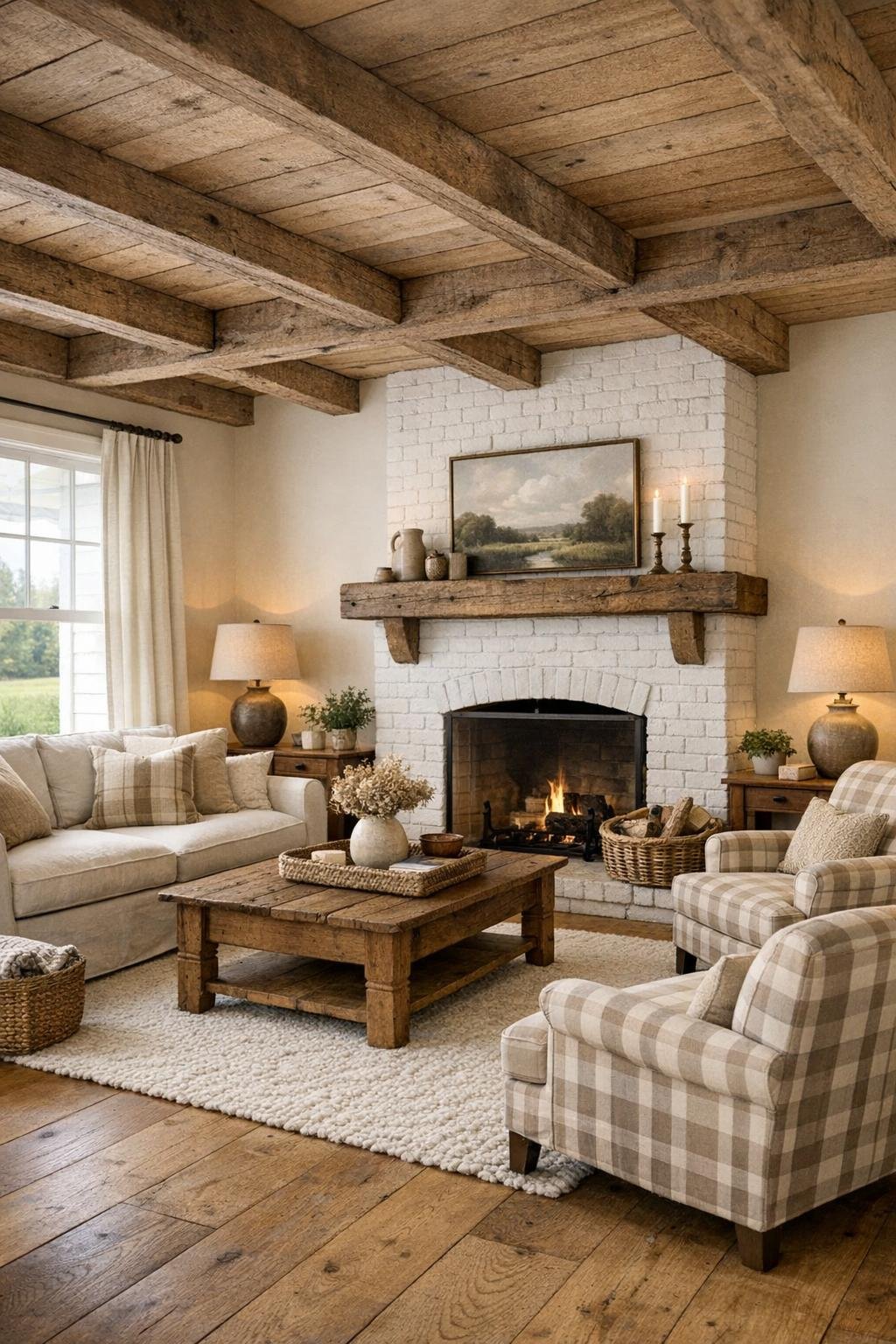 Bright farmhouse living room with oak floors, cream walls, linen sofa, beams, and a simple fireplace