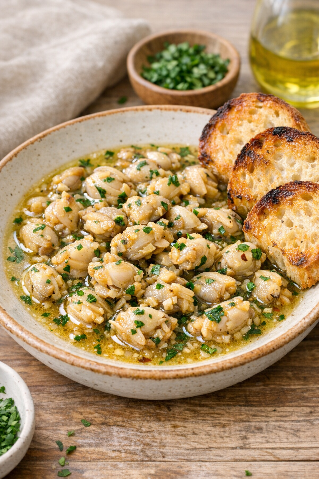 Finished slow cooker baby clams served warm in a rustic bowl