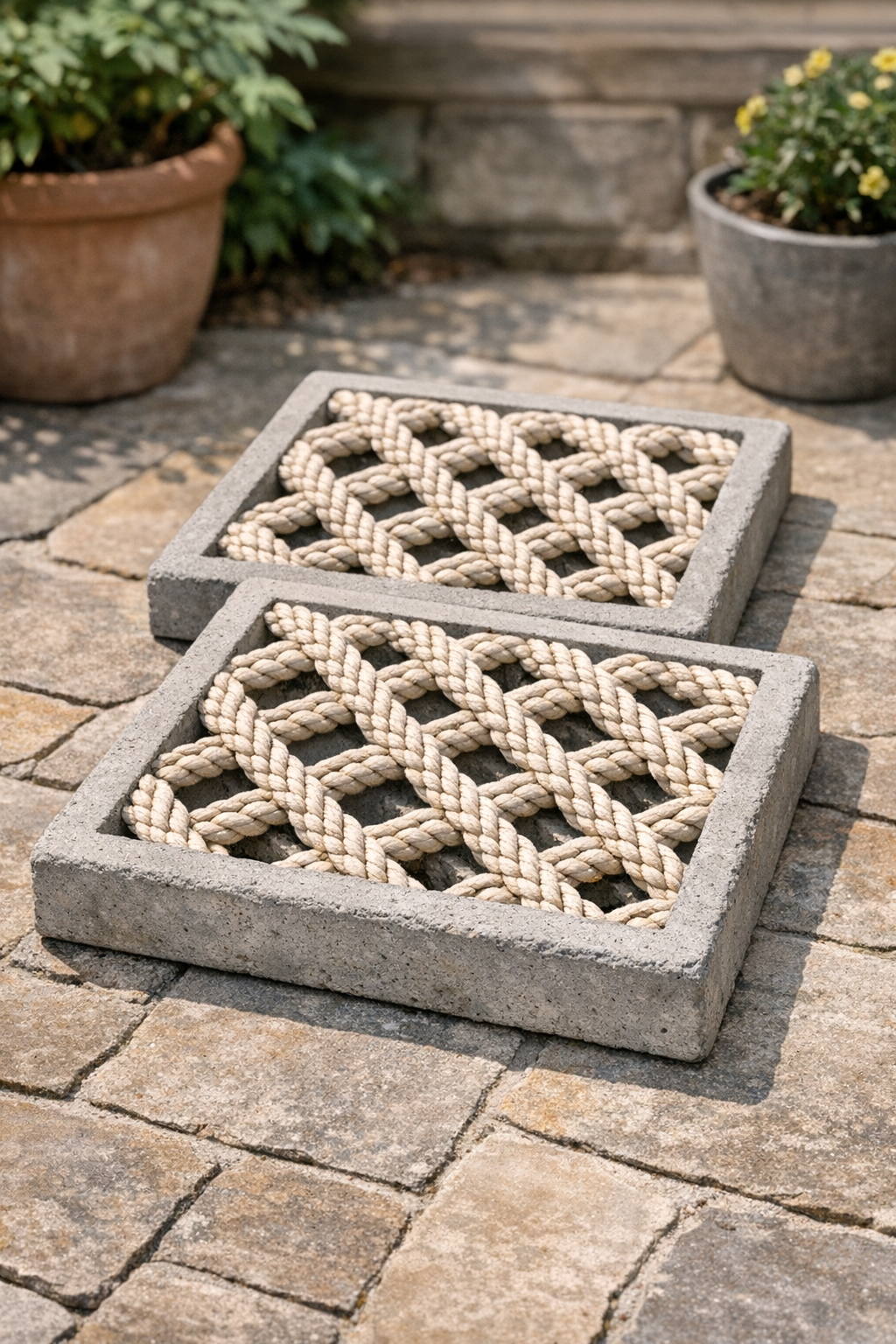Finished heavy lattice patio blocks made from rope hammocks and cement