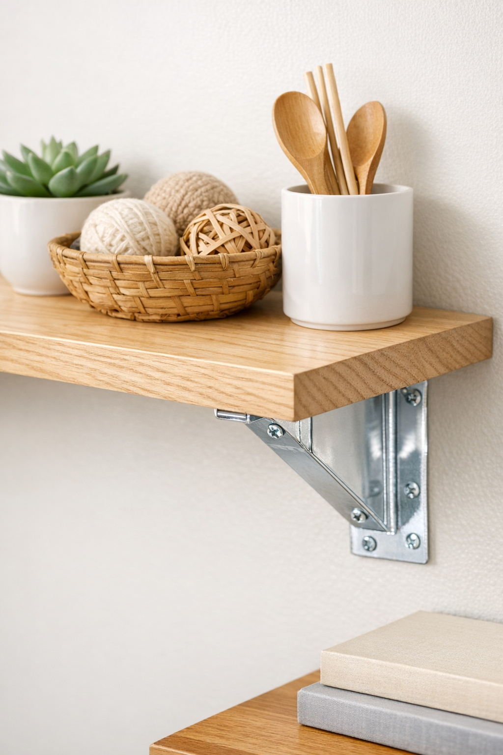 Finished lightweight shelf supported by upcycled plastic card reinforced brackets