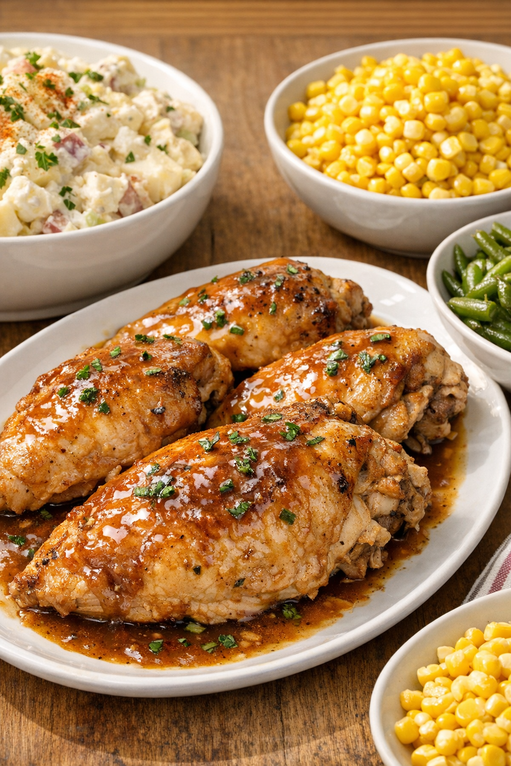 Plated slow cooker chicken with potluck sides