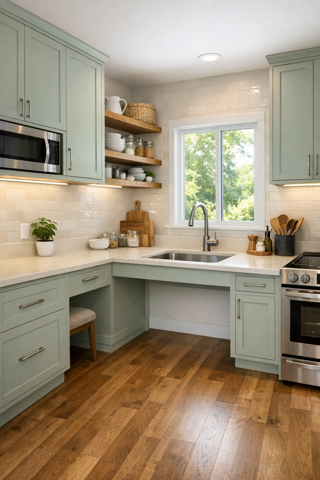 Accessible tiny home kitchen with soft willow cabinets, warm wood shelves, and bright cream countertops
